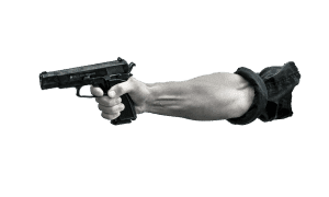 Man's arm aiming a gun
